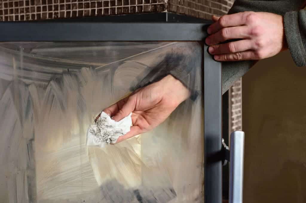 A person cleaning off dirt from a fireplace window with a tissue