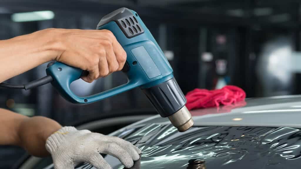 A person using heat gun on a car glass