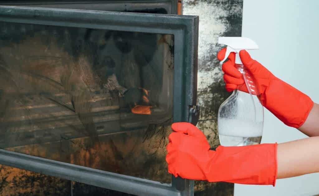 A person wearing gloves and spraying cleaning water on a fireplace glass