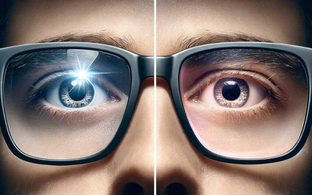 A view of perosn's eyes wearing glasses reflecting