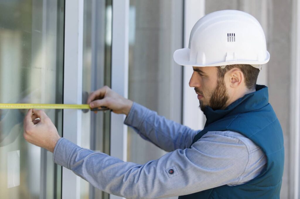 A worker measuring the sliding patio glass door with a inches tape