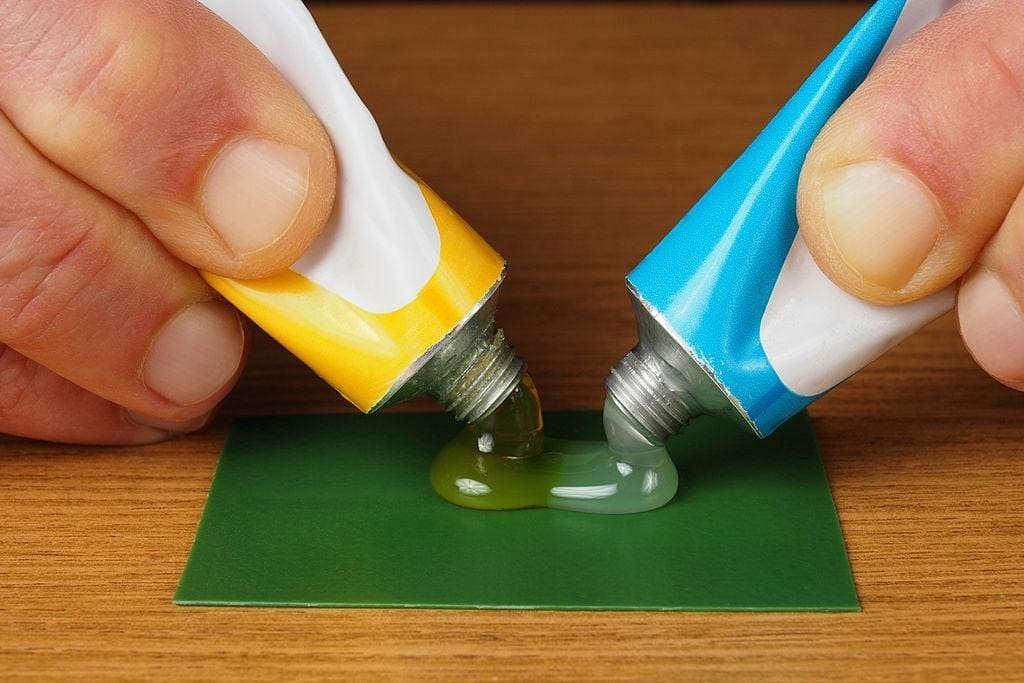 Two hands squeezing out two glue sticks on a green cardboard