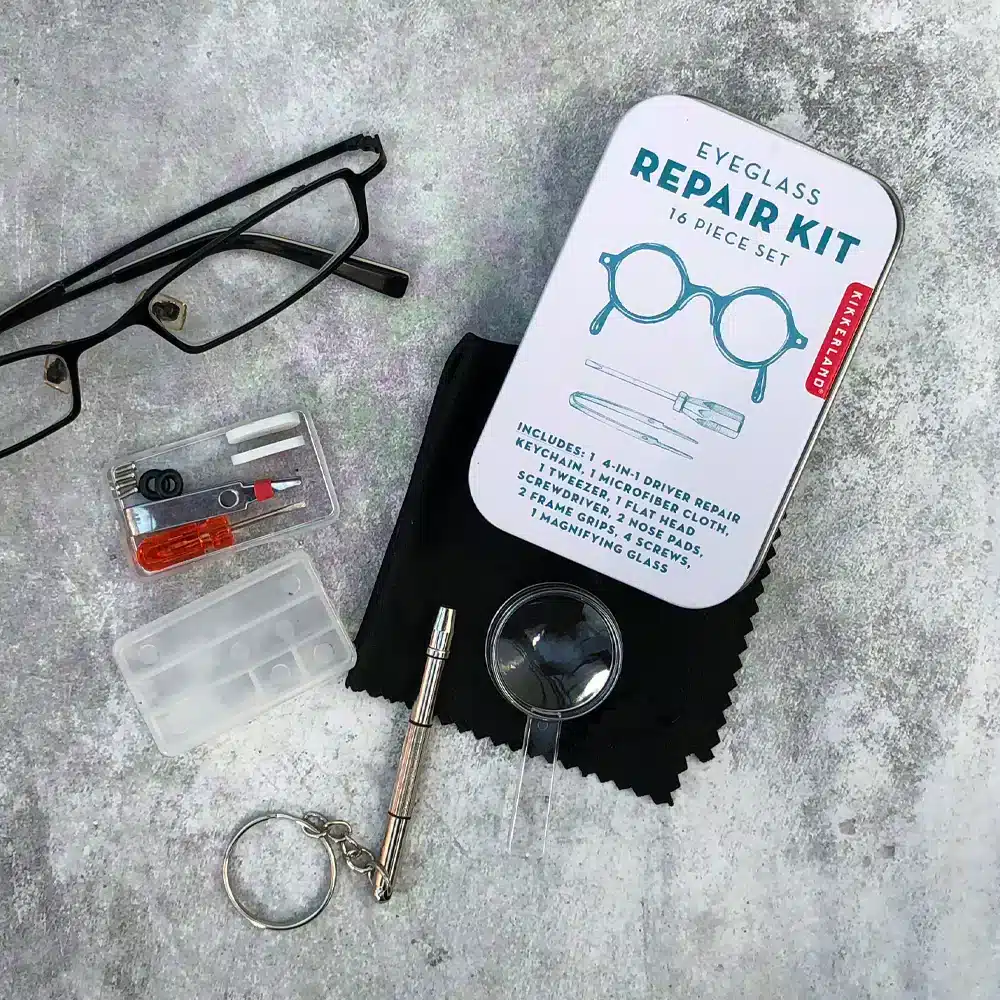 a mini eye glass repair kit components and a pair of glasses