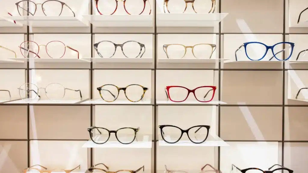 different kinds of glasses in a display