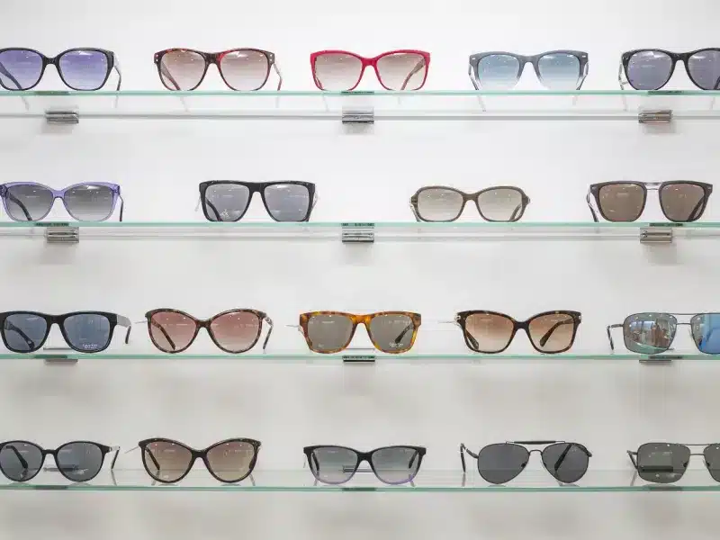 different types of glasses diplayed in a shop