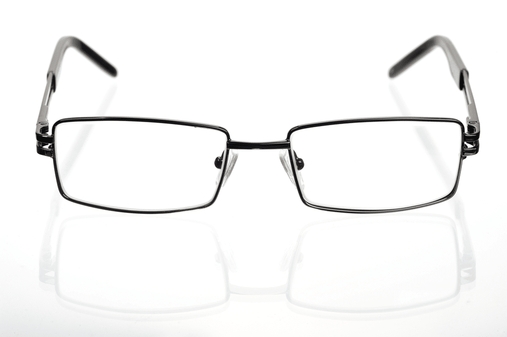 Rectangular glasses in a thin metal frame on a white background