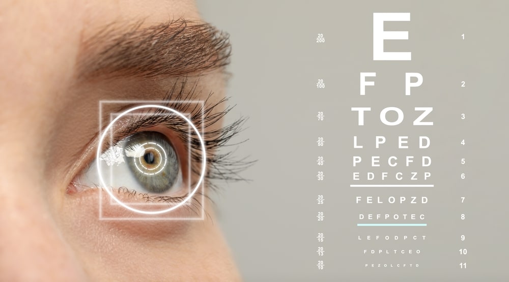 Vision Test Chart And Laser Reticle Focused On Woman's Eye