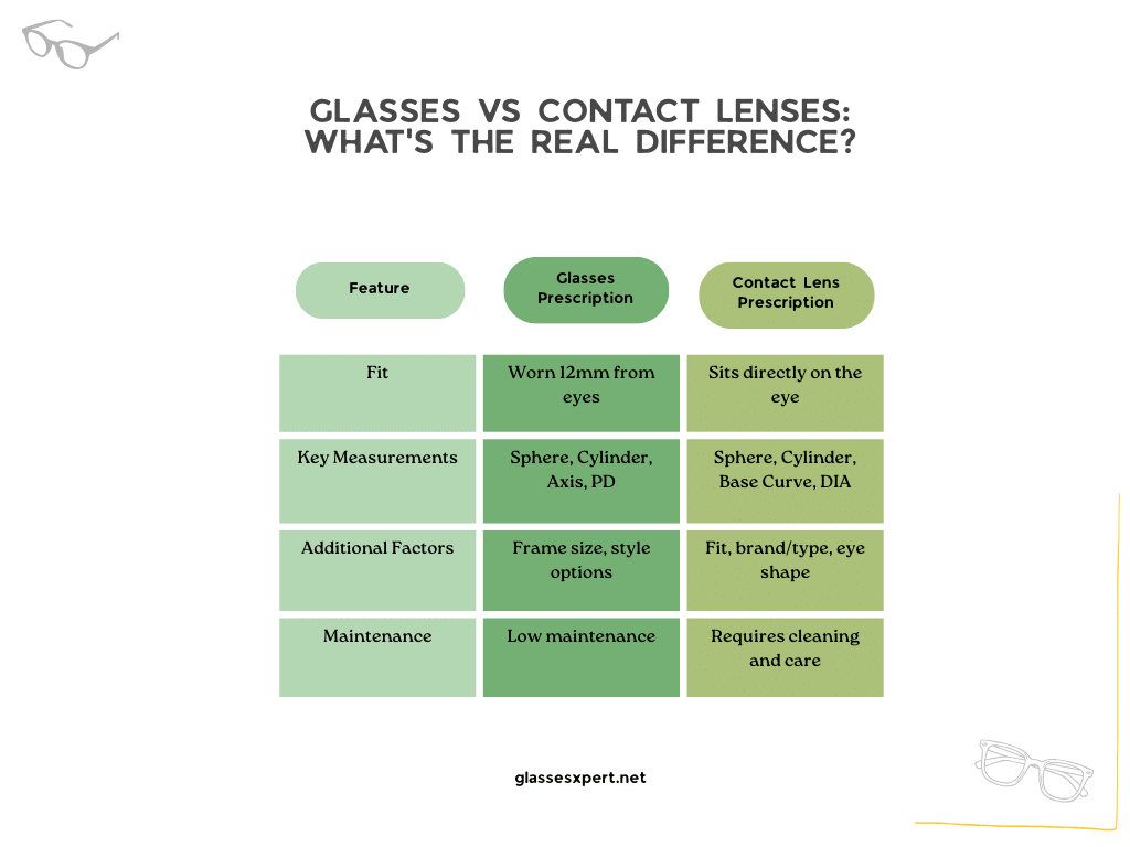 A comparison chart between glasses and contact lenses highlighting differences in fit measurements factors and maintenance A comparison chart between glasses and contact lenses highlighting differences in fit measurements factors and maintenance