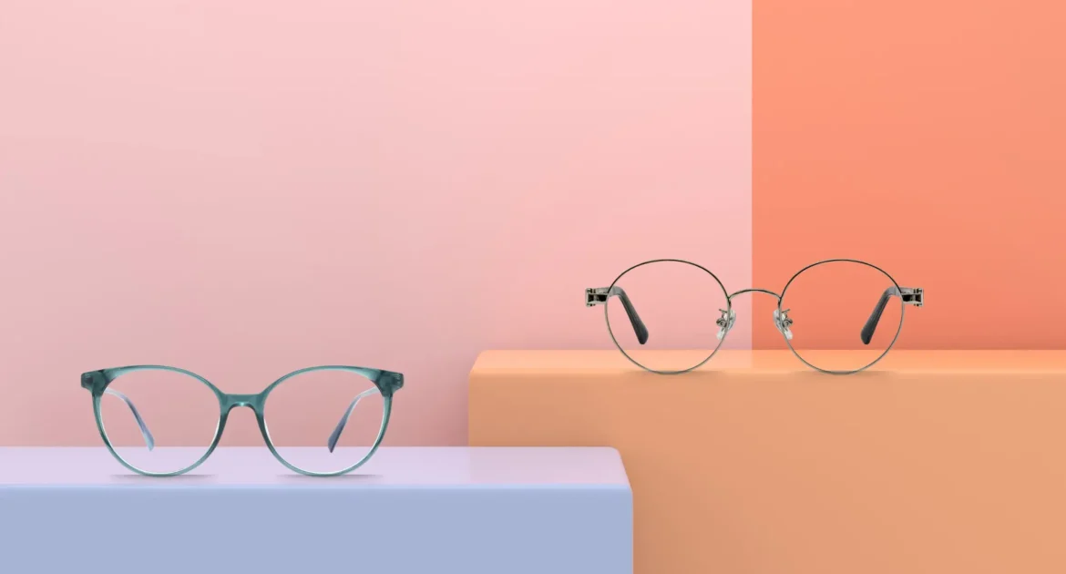 A comparison of plastic and metal eyeglass frames displayed on colorful geometric blocks