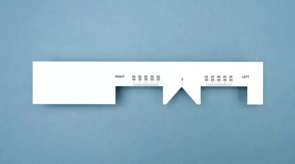 A white PD ruler with measurements for both eyes on a blue background A white PD ruler with measurements for both eyes on a blue background