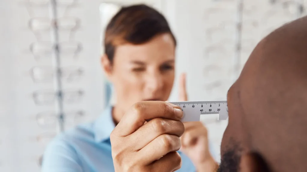 An optometrist measuring pupillary distance on a patient using a ruler in an eyewear store An optometrist measuring pupillary distance on a patient using a ruler in an eyewear store